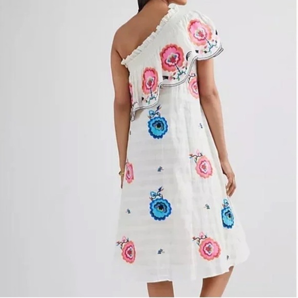 Anthropologie One Shoulder Sundress Ruffles Embroidered Floral Tan Pink Size S - Picture 13 of 13
